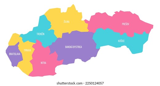 Mapa político eslovaco de divisiones administrativas - regiones. Mapa vectorial colorido con etiquetas.