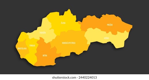 Slovakia political map of administrative divisions - regions. Yellow shade flat vector map with name labels and dropped shadow isolated on dark grey background.