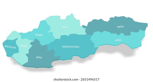 Mapa político de divisões administrativas da Eslováquia - regiões. Mapa de vetor turquesa 3D com rótulos de nome.