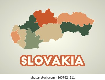 Slovakia poster in retro style. Map of the country with regions in autumn color palette. Shape of Slovakia with country name. Charming vector illustration.