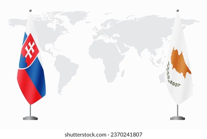 Slovakia and Republic of Cyprus flags for official meeting against background of world map.