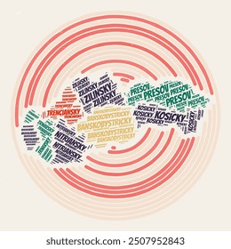 Cartel de la Ronda de Eslovaquia. Imagen de estilo tipográfico de Country. Regiones de nubes de palabras de Eslovaquia. Diseño de Imagen de Antiguas con textura de rasguño.