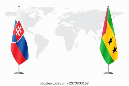 Slovakia and Sao Tome and Principe flags for official meeting against background of world map.