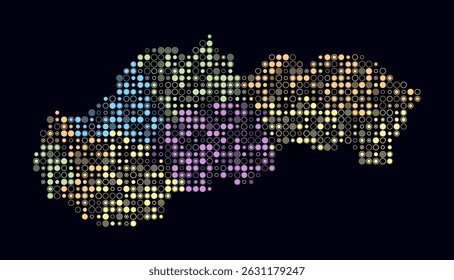 Eslováquia, forma da construção do país de células coloridas. Mapa de estilo digital da Eslováquia sobre fundo escuro. Blocos circulares de tamanho pequeno. Ilustração de vetor artístico.