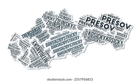 Slovakia shape text cloud. Country border with shadow on white background. Slovakia with regions division in vintage gazette style. Classy vector illustration.