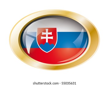 Slovakia shiny button flag with golden ring vector illustration. Isolated abstract object against white background.