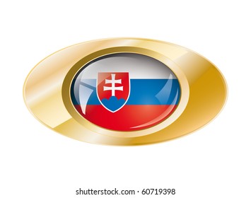 Slovakia shiny button flag vector illustration. Isolated abstract object on metal background.
