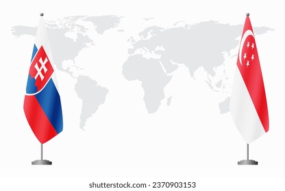 Slovakia and Singapore flags for official meeting against background of world map.