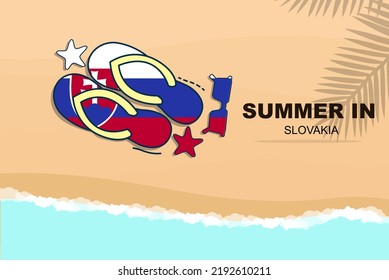 Slovakia summer holiday vector banner, beach vacation concept, flip flops sunglasses starfish on sand, copy space area, Slovakia summer travel and tourism idea with flag