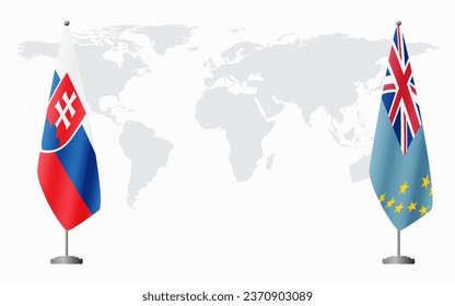 Slovakia and Tuvalu flags for official meeting against background of world map.