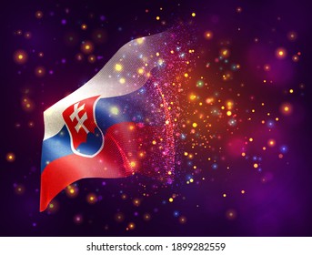 Slovakia, vector 3d flag on pink purple background with lighting and flares
