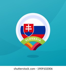 Slovakia vector flag map location pin. European football 2020 tournament final stage. Official championship colors and style.