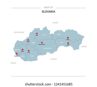 Slovakia vector map. Editable template with regions, cities, red pins and blue surface on white background. 