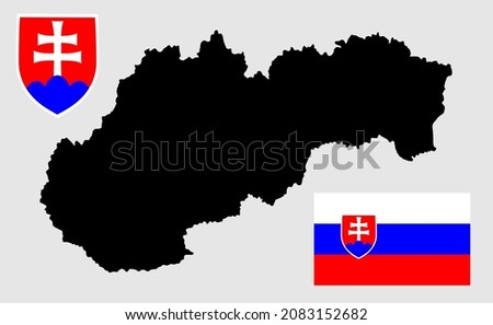 Slovakia vector map silhouette illustration isolated on white background. Slovakia flag and coat of arms symbol. EU country. Europe state.