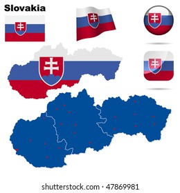 Slovakia  vector set. Detailed country shape with region borders, flags and icons isolated on white background.