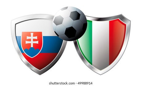Slovakia versus Italy abstract vector illustration isolated on white background.  Shiny football shield of flag Slovakia versus Italy