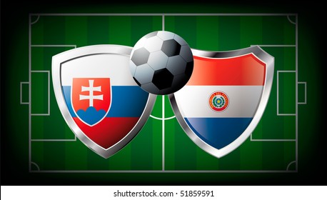 Slovakia versus Paraguay abstract vector illustration isolated on white background. Soccer match in South Africa 2010. Shiny football shield of flag Slovakia versus Paraguay