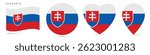 Slovakia waving flag, round circle sticker badge, heart shaped icon, map pin. Slovak flag buttons of different shapes. Vector illustration isolated on white.
