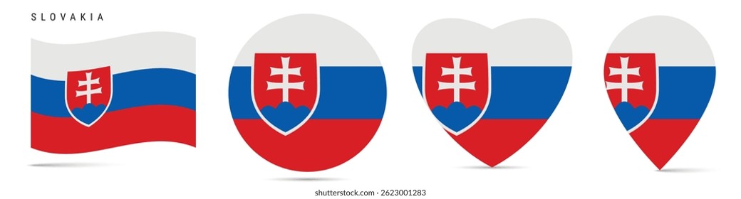 Slovakia waving flag, round circle sticker badge, heart shaped icon, map pin. Slovak flag buttons of different shapes. Vector illustration isolated on white.