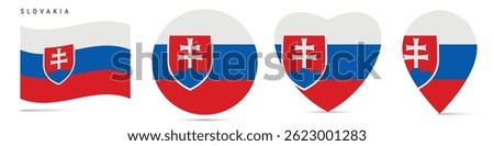 Slovakia waving flag, round circle sticker badge, heart shaped icon, map pin. Slovak flag buttons of different shapes. Vector illustration isolated on white.