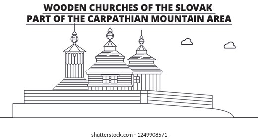 Slovakia - Wooden Churches In The Carpathian Mountain Area travel famous landmark skyline, panorama, vector. Slovakia - Wooden Churches In The Carpathian Mountain Area linear illustration