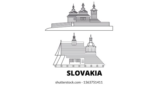 Slovakia, Wooden Churches In The Carpathian Mountain Area line travel skyline set. Slovakia, Wooden Churches In The Carpathian Mountain Area outline city vector illustration, symbol, travel sights