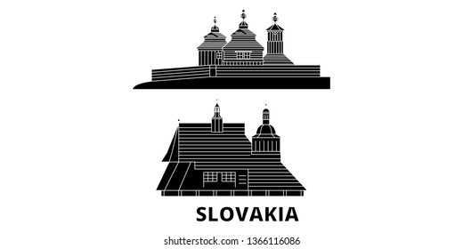 Slovakia, Wooden Churches In The Carpathian Mountain Area flat travel skyline set. Slovakia, Wooden Churches In The Carpathian Mountain Area black city vector illustration, symbol, travel sights