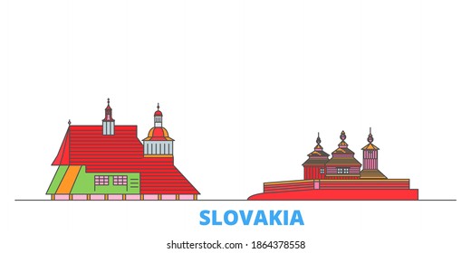 Slowakei, Holzkirchen im Karpaten Gebirgsgebiet Linie Stadtlandschaft, flacher Vektorgrafik. Sehenswürdigkeiten der Stadt, Kulturerbe, Linienweltsymbole