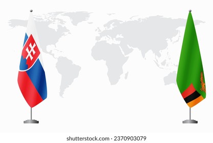 Slovakia and Zambia flags for official meeting against background of world map.