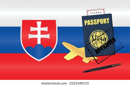 Slovakian Travel Documentation Concept with blue Passport and Slovakia Flag. Approved Stamp. Airplane and Travel Tickets. Ideal for Immigration Tourism and Traveling Themes. Vector EPS available