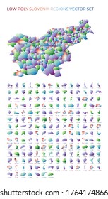 Slovene low poly regions. Polygonal map of Slovenia with regions. Geometric maps for your design. Trendy vector illustration.