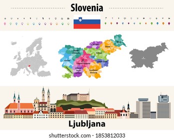 Slovenia administrative divisions map. Flag of Slovenia. Ljubljana cityscape. Vector illustration