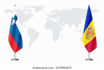 Slovenia and Andorra flags for official meeting against background of world map.