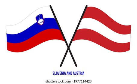 Slovenia and Austria Flags Crossed And Waving Flat Style. Official Proportion. Correct Colors.