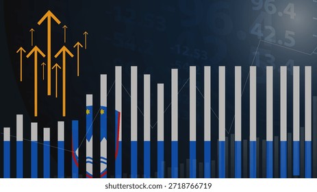 Gráfico de barras de Eslovenia con altibajos, valores crecientes, Bandera de país de Eslovenia en el gráfico de barras, flecha ascendente hacia arriba en los datos, idea de Anuncio de noticias, concepto de país en desarrollo