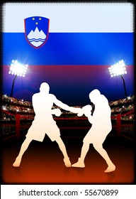 Slowenisches Boxereignis mit Stadionhintergrund und Flaggenoriginal-Illustration