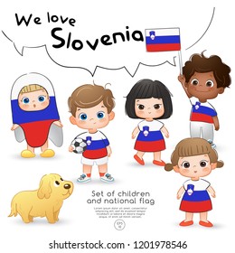 Slovenia : Boys and girls holding flag and wearing shirts with national flag print : Vector Illustration