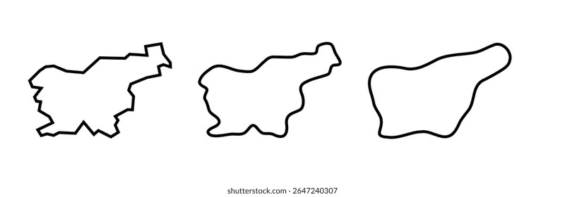 Eslovênia país silhuetas contorno preto em três diferentes níveis de suavidade. Mapas simplificados. Ícones de vetor isolados no plano de fundo branco.