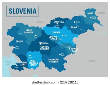 Slovenia country political map. Detailed vector illustration with isolated provinces, departments, regions, counties, cities and states easy to ungroup.