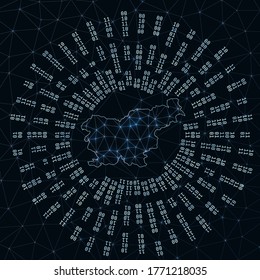 Slovenia digital map. Binary rays radiating around glowing country. Internet connections and data exchange design. Vector illustration.