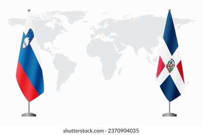 Slovenia and Dominican flags for official meeting against background of world map.