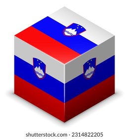 Slovenia (Europe) (Slovenian) (Slovene) National Flag, Country Emblem 2.5D Isometric Projection Cube Symbol Gloss Plastic Symmetry Square Design Isolated on White Background