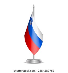 Slovenia flag - 3D mini flag hanging on desktop flagpole. Usable for summit or conference presentaiton. Vector illustration with shading.