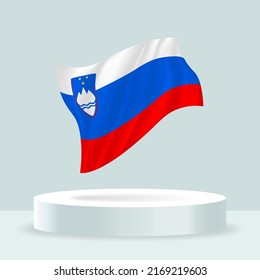 Slovenia flag. 3d rendering of the flag displayed on the stand. Waving flag in modern pastel colors. Flag drawing, shading and color on separate layers, neatly in groups for easy editing.