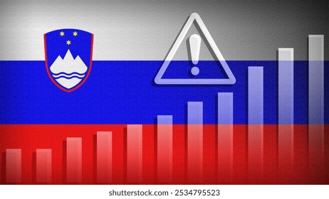 Slovenia flag with burlap texture, warning sign, and rising bar chart symbolizing increasing risk or growth challenges in the country. Ideal for data presentations.