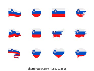 Slovenia flag - flat collection. Flags of different shaped twelve flat icons. Vector illustration set