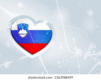 Slovenia Flag in the form of a 3D heart and abstract paint spots background. Flag of Slovenia. Use for brochures, printed materials, logos, signs, elements, etc.