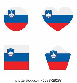 Slovenia flag icon set in 4 shape versions. Collection of national flag symbol with square, circle, heart, rectangular and pentagon shapes.