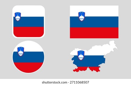 Slovenia Flag Icon Set in Square, Round, and Map Shapes. Clean Modern Collection. Perfect for use in apps, websites, presentations, infographics, educational materials, travel content.