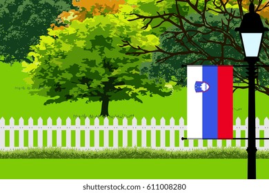 Slovenia Flag, Landscape of Park, Trees, Fence wooden and Street light Illustration 